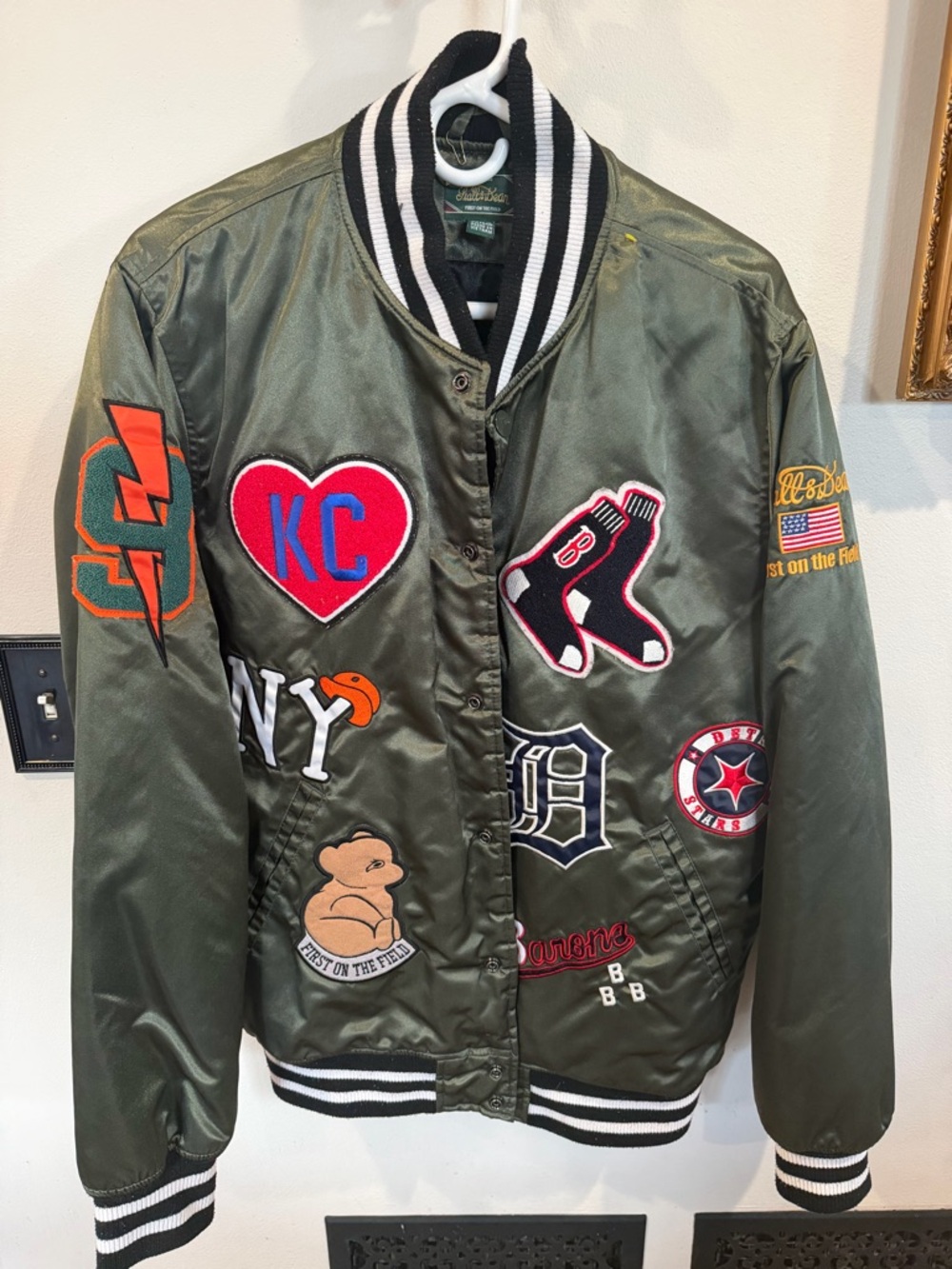 Stall & Dean Olive Satin Patch Bomber Jacket